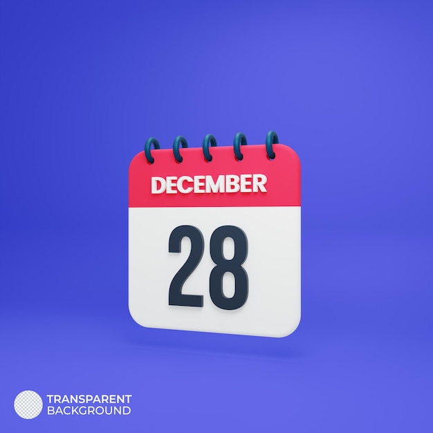 Icono de calendario realista de diciembre Fecha renderizada en 3D 28 de diciembre