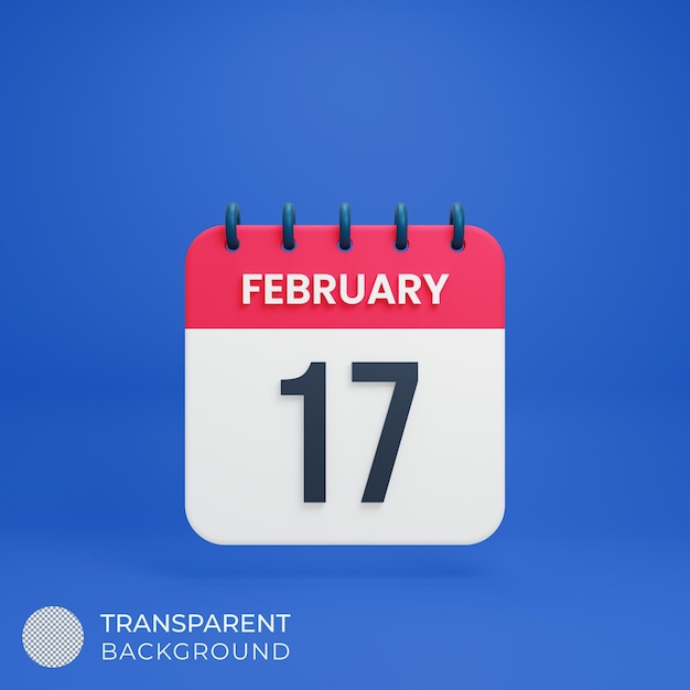 Icono de calendario realista de febrero Ilustración 3D Fecha 17 de febrero