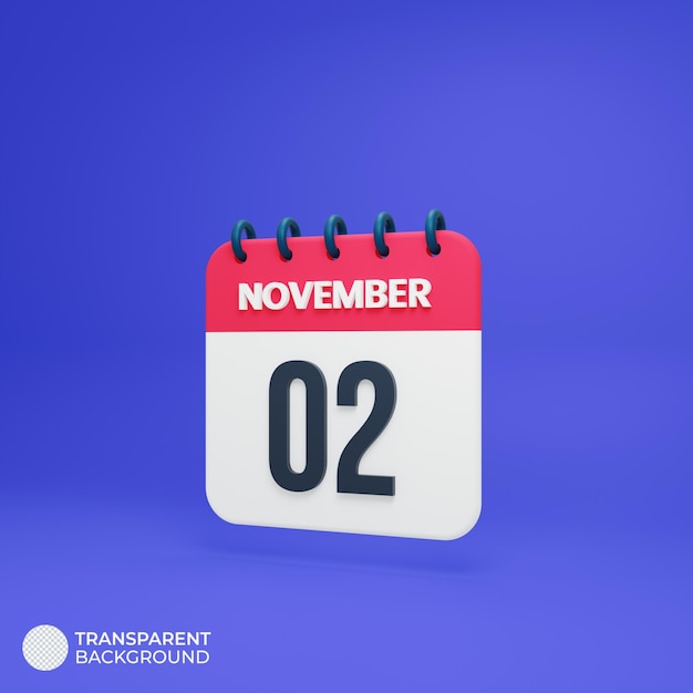 PSD icono de calendario realista de noviembre fecha renderizada en 3d 02 de noviembre