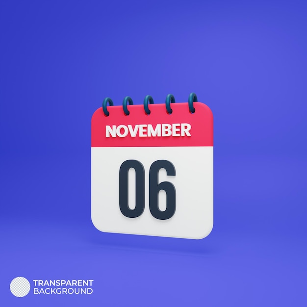 Icono de calendario realista de noviembre fecha renderizada en 3d 06 de noviembre