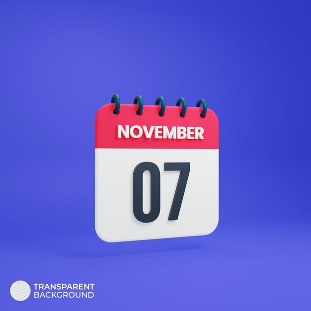 Icono de calendario realista de noviembre Fecha renderizada en 3D 07 de noviembre