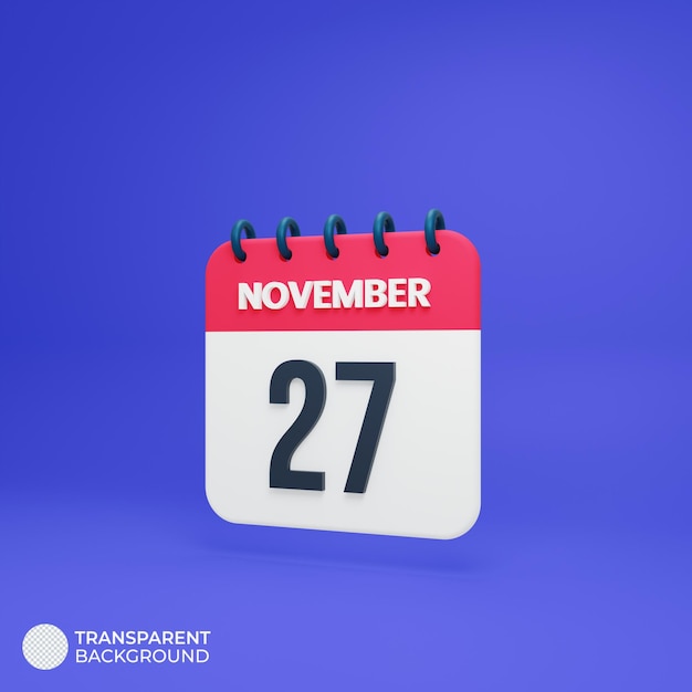 Icono de calendario realista de noviembre Fecha renderizada en 3D 27 de noviembre