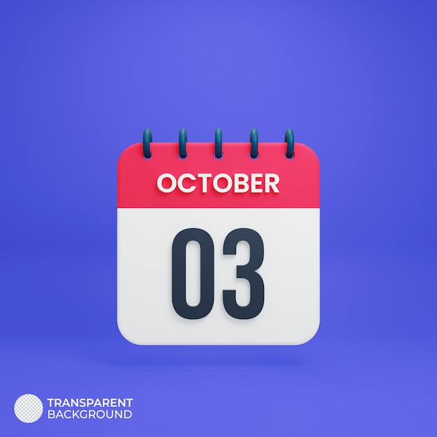 PSD icono de calendario realista de octubre 3d prestado el 03 de octubre