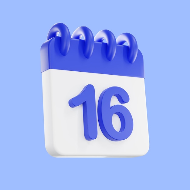 Icono de calendario de renderizado 3d con un día de 16 color azul y blanco