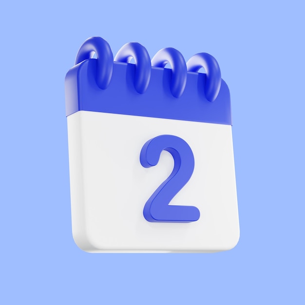 Icono de calendario de renderizado 3d con un día de 2 color azul y blanco