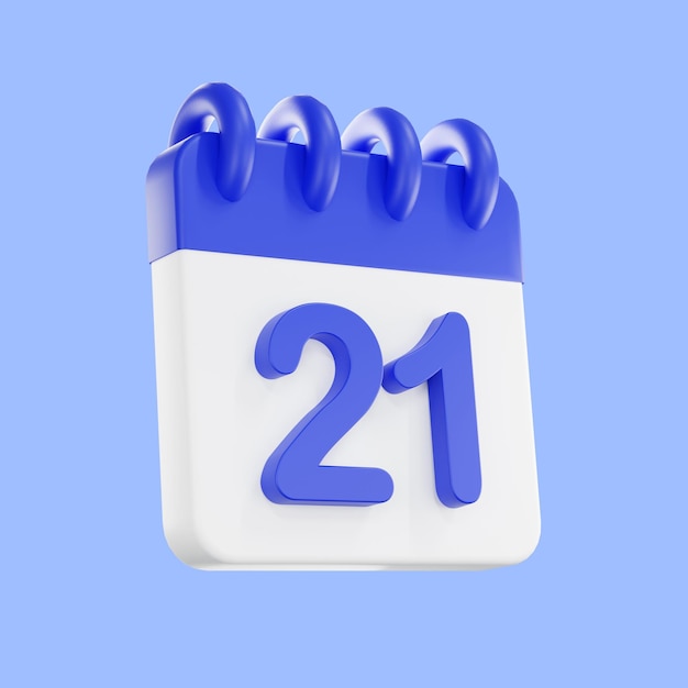 PSD Ícono de calendario de renderizado 3d con un día de 21 color azul y blanco