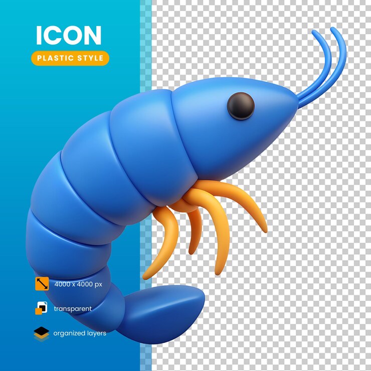 PSD icono de camarón de color azul brillante en estilo 3d de plástico