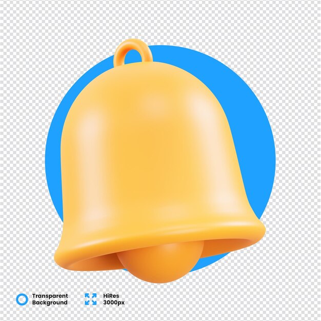 Icono de campana en 3D de color amarillo vibrante en un fondo transparente
