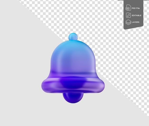 Icono de campana 3D en tonos azules y púrpuras que simboliza notificaciones, alertas o recordatorios Ilustración 3D