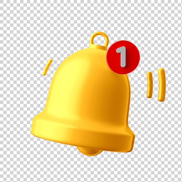 El icono de la campana de notificación 3D se establece aislado en un fondo transparente 3D hace sonar la campana amarilla