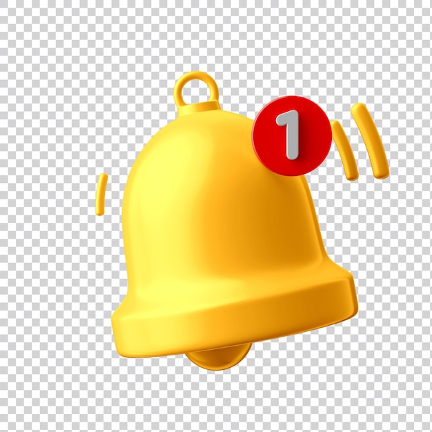 El icono de la campana de notificación 3D se establece aislado en un fondo transparente 3D hace sonar la campana amarilla