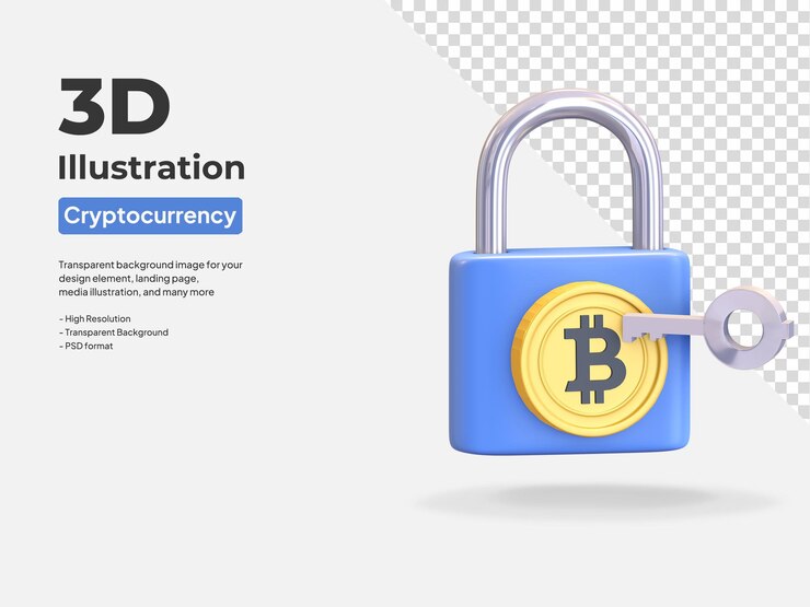 PSD icono de candado de seguridad de bitcoin, símbolo de candado de criptomoneda, ilustración de procesamiento 3d