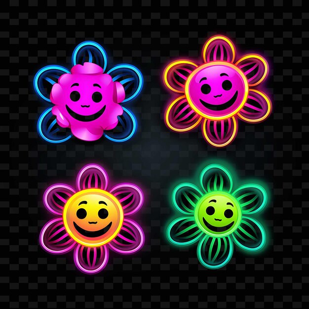 PSD icono de cara de flor png con emoji alegre pacífico en el amor y líneas de neón exci y2k forma llamativa