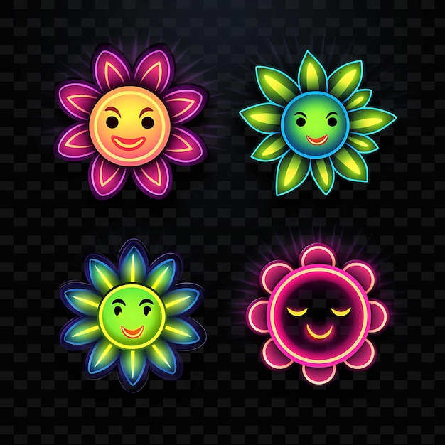 PSD icono de cara de flor png con emoji alegre pacífico en el amor y líneas de neón exci y2k forma llamativa