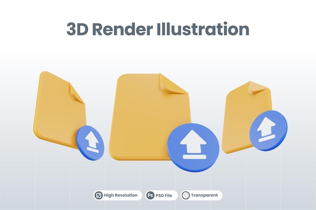 PSD icono de carga de archivo de representación 3d con papel de archivo naranja y carga azul