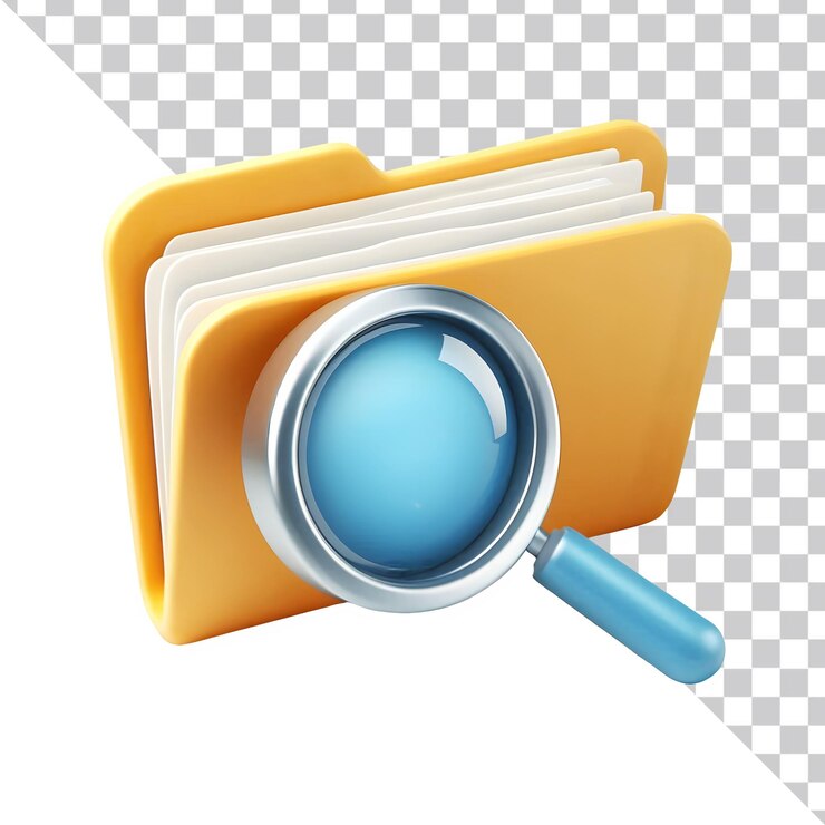 Icono de carpeta 3D con ampliación del archivo de búsqueda de documentos
