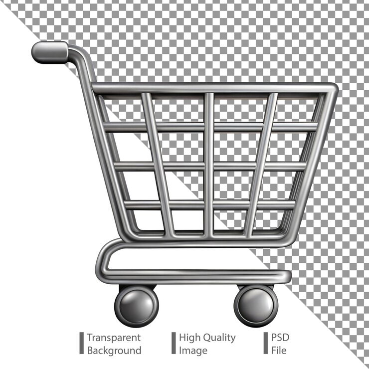 PSD icono de carrito de compras plateado aislado en negro que simboliza el comercio electrónico minorista y las compras en línea