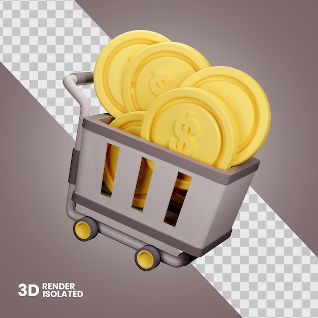 Icono de carro de monedas 3D aislado