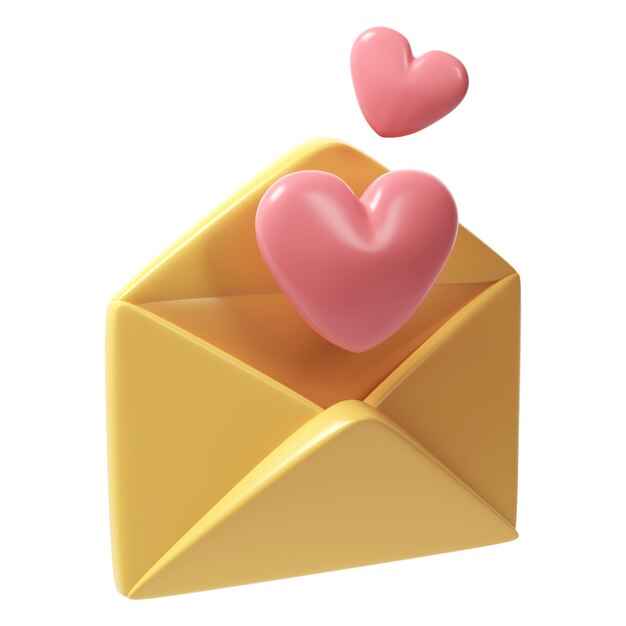 Icono de carta de sobre abierto en 3d con dos corazones rojos Render mail Elementos para objeto romántico