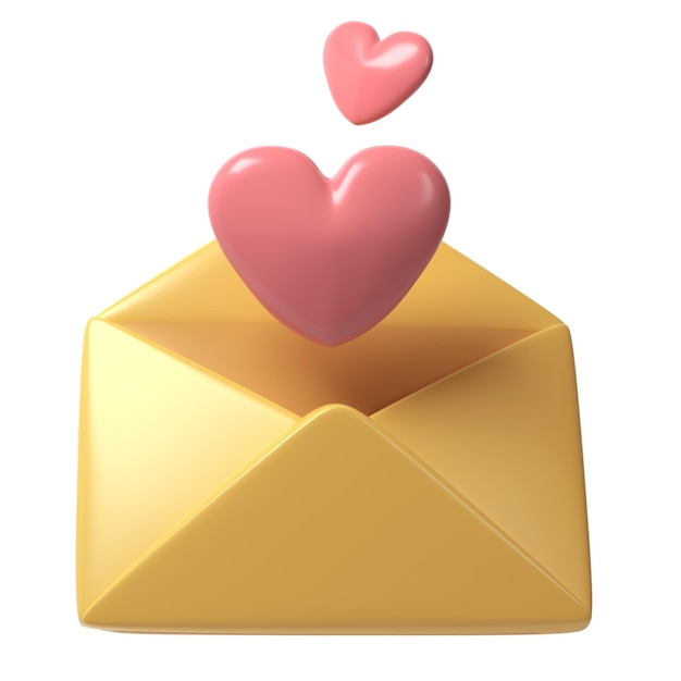 Icono de carta de sobre abierto en 3d con dos corazones rojos Render mail Elementos para objeto romántico