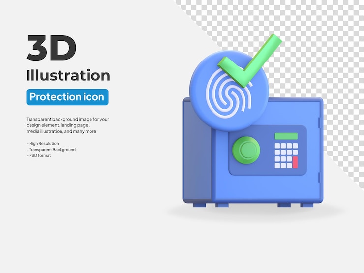 PSD icono de casillero de caja fuerte de dinero asegurado con huella digital y marca de verificación ilustración de render 3d