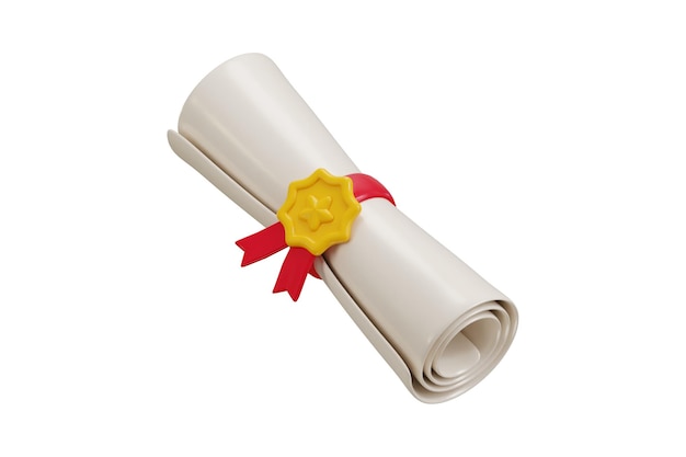 Ícono del certificado de graduación enrollado con sello y icono de cinta renderizado en 3D