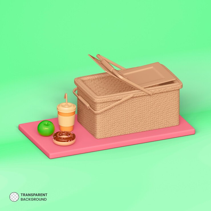 PSD icono de cesta de comida de picnic aislado ilustración de render 3d