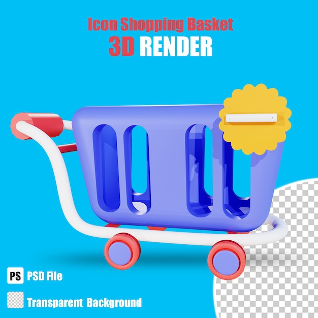 Icono de la cesta de la compra de compras 3D con fondo transparente
