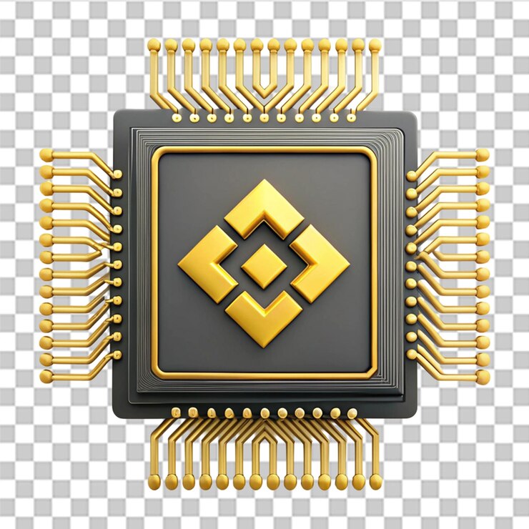 PSD el icono del chip digital de la tecnología blockchain financiera de binance aislado en un fondo transparente