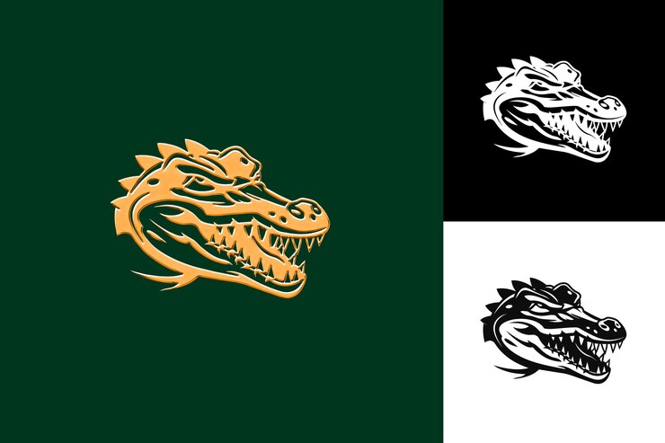 PSD icono de cocodrilo emblema dentado con frontera de pantano intenta croc ilustración de animales diseño artístico vectorial
