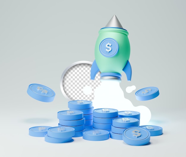 Icono de cohete 3D con un signo de dólar y un montón de dinero