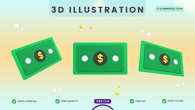 Icono de comercio electrónico dólar dinero papaer ilustración 3d