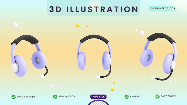 PSD icono de comercio electrónico de ilustración de auriculares lindo 3d