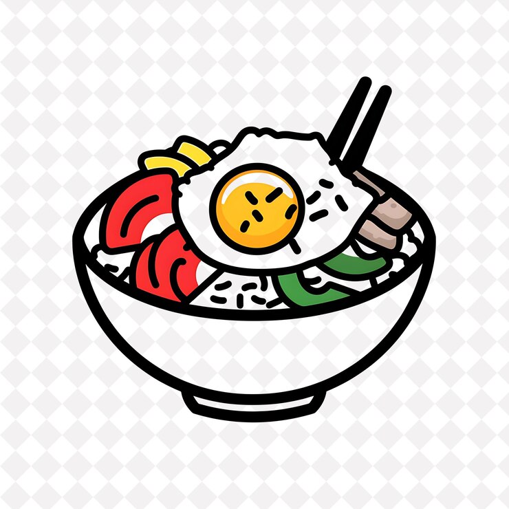 PSD icono de comida bibimbap con un cuenco de verduras de arroz mezclado y diseño vectorial de alimentos de ilustración plana