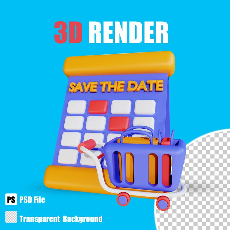 PSD icono de compras 3d, canasta de descuento de comercio electrónico y calendario con fondo transparente