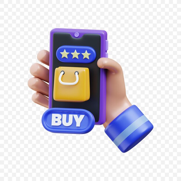 Icono de compras en línea en 3D con botón de compra de teléfono inteligente y bolsa de compras para el comercio electrónico y su venta al por menor