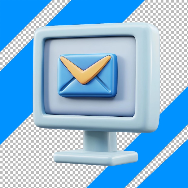 PSD icono de computadora 3d con sobre de correo electrónico y rayas diagonales azules