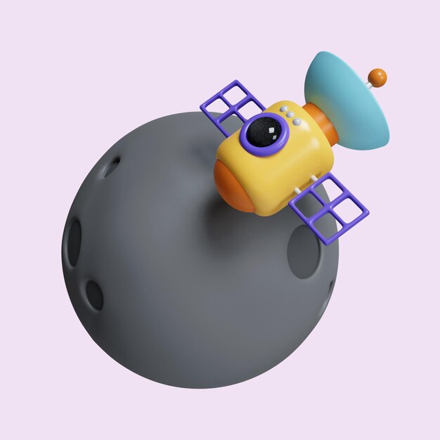 Icono de comunicaciones de planeta y satélite 3D aislado en fondo púrpura Ilustración de renderización 3D Camino de recorte