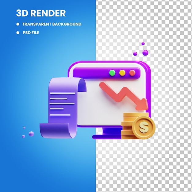 Ícono de concepto financiero 3d que representa la ilustración de análisis de depreciación de ingresos