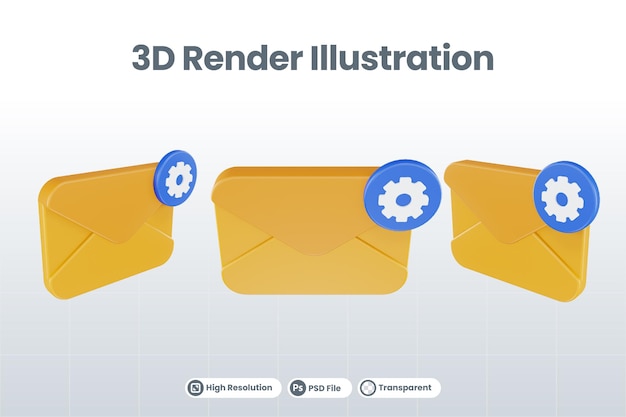 Icono de configuración de correo de procesamiento 3d con correo naranja y configuración azul