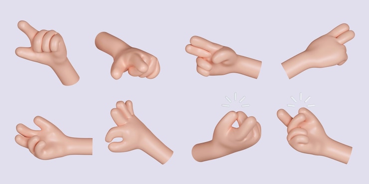 PSD el icono del conjunto de gestos de la mano de un personaje de dibujos animados 3d aislado en un fondo gris ilustración de renderización 3d camino de recorte