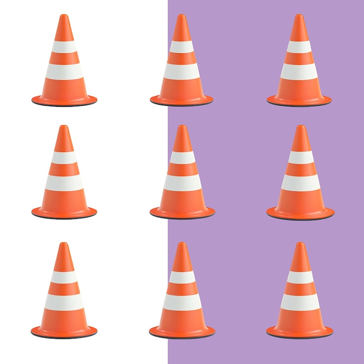 PSD ícono de cono de tráfico múltiples ángulos color naranja y blanco estilo vectorial 3d renderización fondo blanco png