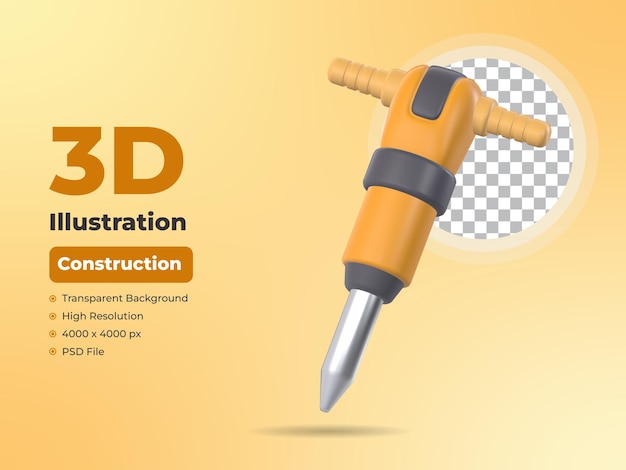 Icono de construcción Jack Hammer 3D con fondo transparente