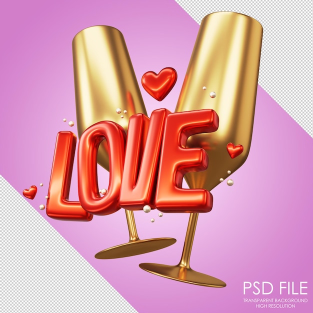 Icono de copas de champán copas de vino doradas con inscripción amor dos copas de champán día de san valentín letras rojas amor corazón representación 3d ilustración 3d