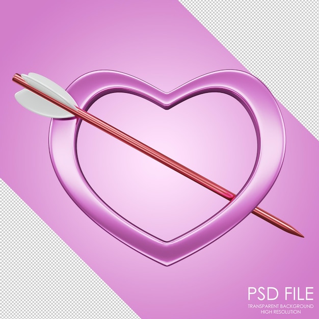 Icono de corazón Corazón rosa púrpura con flecha Marco en forma de corazón Corazón púrpura Día de San Valentín Boda Amor Corazón Representación 3d Ilustración 3d