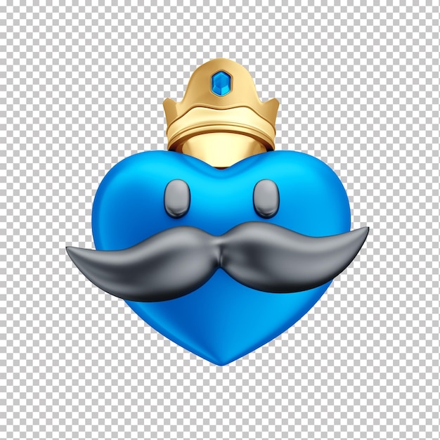 Icono de corazón de dibujos animados azul con bigote y corona en 3d father039s day con fondo transparente