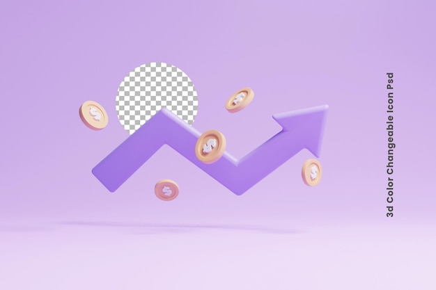 Ícono de crecimiento empresarial 3d con moneda voladora o crecimiento de inversión empresarial 3d moneda con dinero