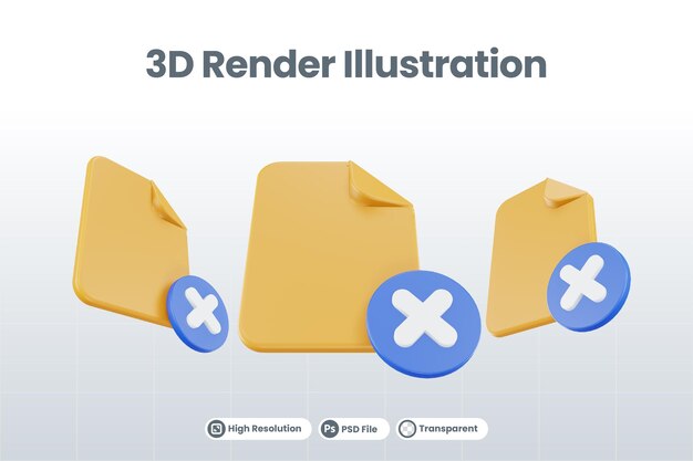 PSD icono de cruz de archivo de procesamiento 3d con papel de archivo naranja y cruz azul