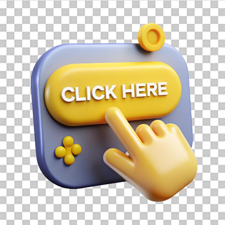 PSD icono del cursor de la mano con botón amarillo haga clic aquí para enlaces a enlaces en el sitio web ilustración vectorial aislada sobre fondo blanco