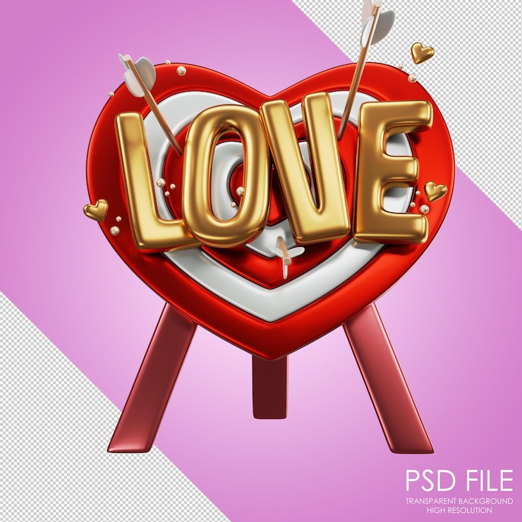 PSD icono de dardos de amor la inscripción amor en el centro del dardo dardos rojos con flechas en un soporte día de san valentín dardo en forma de corazón 3d render 3d ilustración